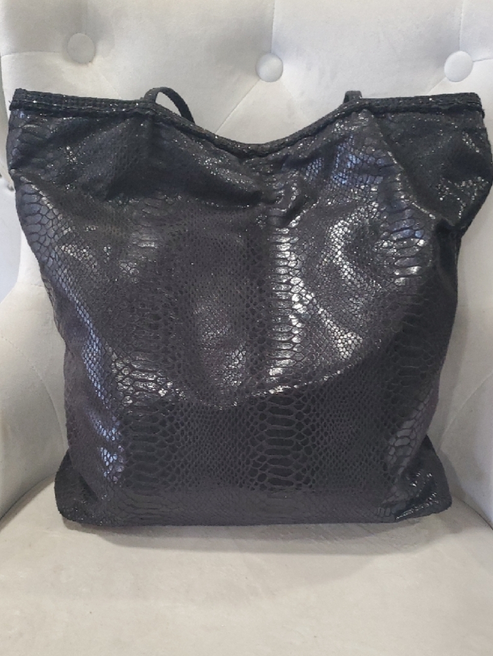 Cache Black Faux Snakeskin Tote with Long Shoulder Straps - Picture 3 of 14